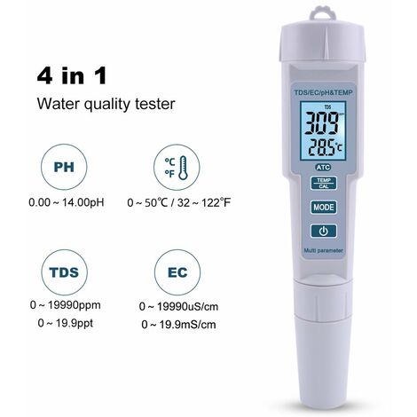 4 in 1 PH/EC/TDS/Temp Meter Misuratore di qualità dell'acqua Misuratore di alta precisione Intervallo di misurazione Display LCD Strumento di misura per acqua potabile Acquario