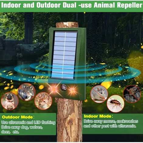 4-in-1 Ultraschall-Abwehrgerät für Mäuse, Vögel, Hunde und Katzen. Infrarotsensor mit blinkenden roten und weißen LEDs. Solarbetrieben. Wasserdicht. Für den Außenbereich geeignet.