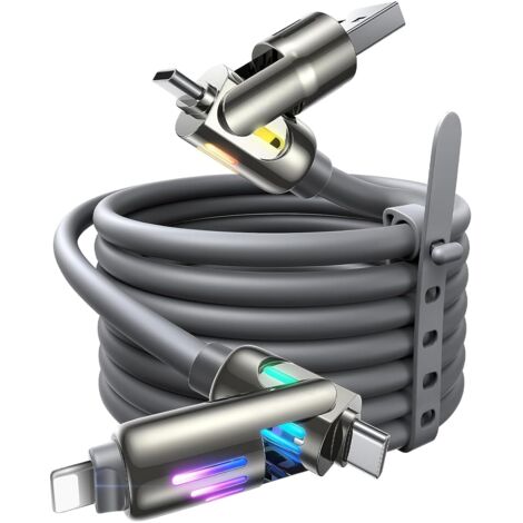 4-in-1 Universal Charging Cable – 240W – PD – with USB-C, USB-A and Lightning – for iPhone 16, 15, 14, Samsung Galaxy S25, S24, Huawei, iPad, MacBook, PS5 – 1.2m – Nylon – RGB LED – Grey