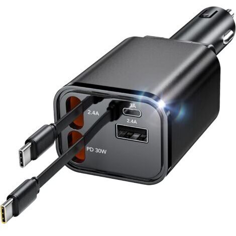 4-in-1 USB-C-Autoladegerät, 69-W-Zigarettenanzünder-Ladegerät, zwei einziehbare USB-C-Kabel und 2-Port-USB-Ladeadapter für Galaxy/Google Pixel/iPhone