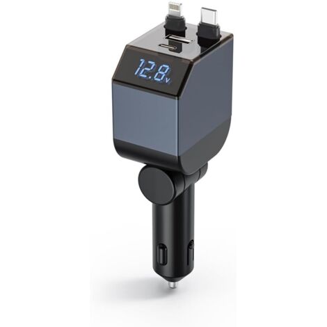 4-in-1 USB-C-Autoladegerät, PD30W Schnellladung, zwei einziehbare Kabel, LED-Voltmeter, Handy-Ladegerät, für iOS, Android, 12–24 V, max. 84 W