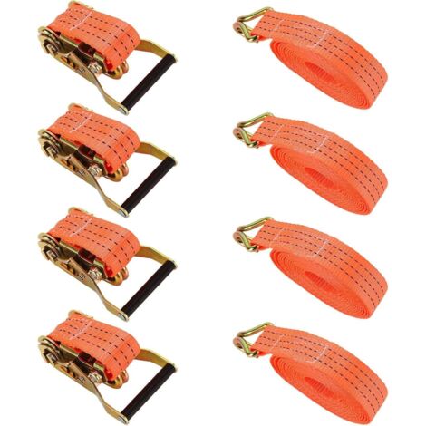 4 Jeux de 6M×38MM Sangle d'arrimage à Cliquet, Sangle a Cliquet avec Crochet en Polyester, Sangles de Serrage avec Tendeur à Cliquet pour Remorque, Moto, Voiture Orange