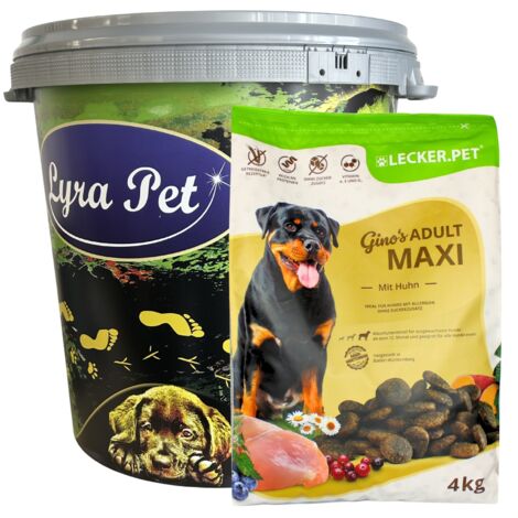 4 kg Lecker.Pet® Gino's Adult Maxi mit Huhn Hundefutter Trockenfutter Vollnahrung in 30 L Tonne