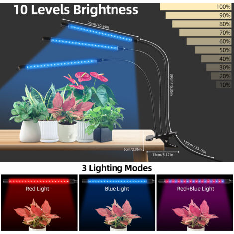 4-köpfige LED-Pflanzenlampe zum Anklemmen mit Vollspektrum (380-780 nm), Aluminium-PC, 10 % bis 100 % dimmbar, 3/9/12-Stunden-Timer für Zimmerpflanzen