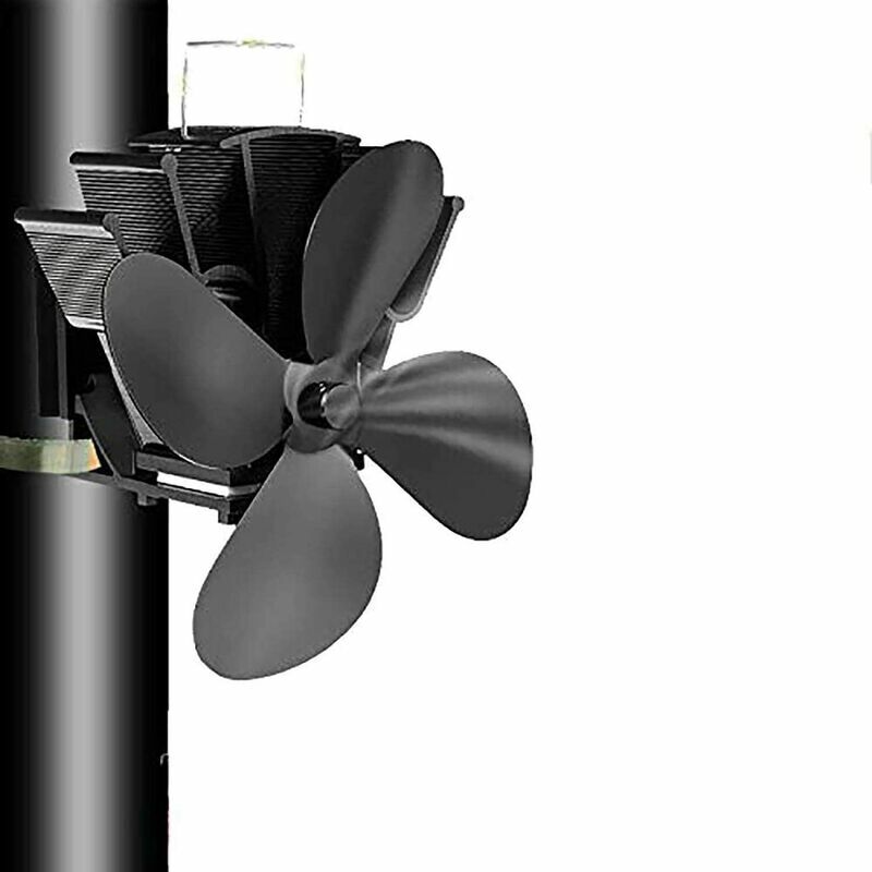 Lucky-88 - 4 lames Tuyau de fumée Ventilateur de poêle Appareil de chauffage alimenté fixe sur le tuyau de cheminée en bois/poêle à bois/cheminée noir