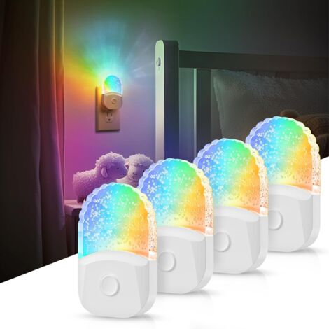 4 Lampes de Nuit LED RGB 8 Couleurs à Brancher au Mur (Norme Européenne) : Changement de Couleur Automatique Crepuscule à Aube, Idéales pour Chambre à Coucher, Chambre d'Enfant et Cadeau