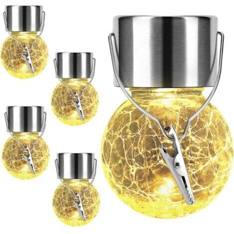 4 Lampes Solaires Extérieures Suspensibles, boules de verre craquelées, étanches, pour jardin, balcon, fêtes [Classe énergétique A+++]