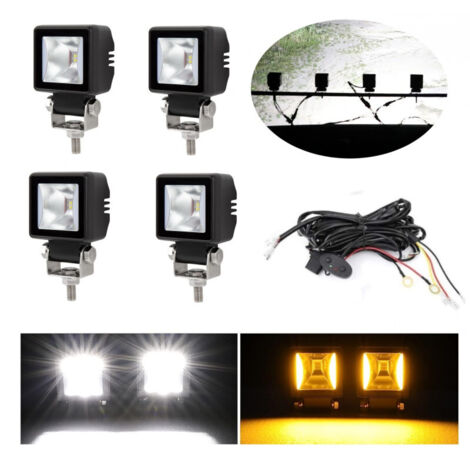 Комплект от 4 броя Лед LED Халогени Лампи с окабеляване Бяла Flood + Оранжева DRL Светлина 12V - 24V за Off Road 4X4 SUV