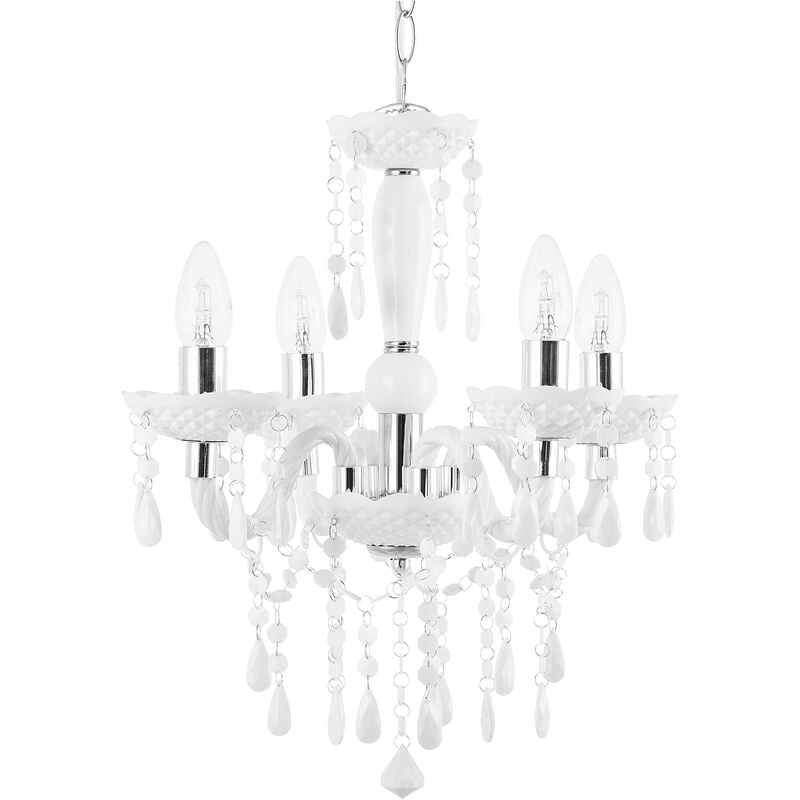 Beliani - Chandelier Crystal Droplets 4 Light Bulbs Living Room Bedroom White Kalang - White
