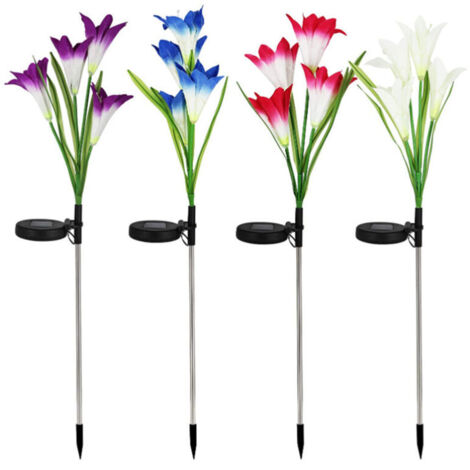 4 luci solari da esterno con effetto cangiante a forma di giglio, impermeabili IP65, ideali per decorare giardino, patio e vialetto.
