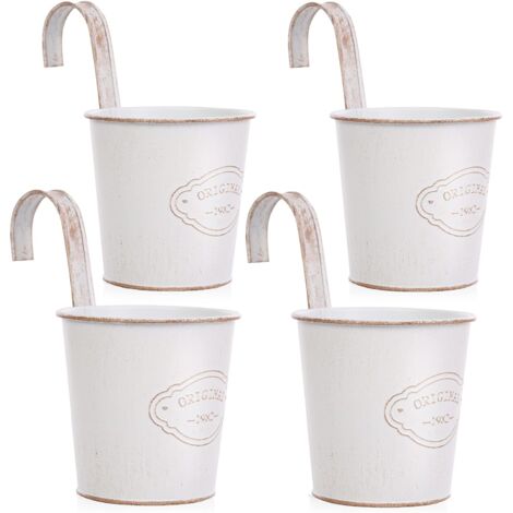 4 macetas colgantes de metal con orificio de drenaje, pequeñas macetas blancas con gancho desmontable, estilo vintage para balcón, jardín, exterior e interior