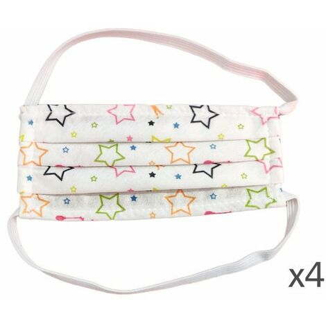 4 Mascherine Per Bambini Disegno Stella Colore Bianco Made in Italy Tessuto TNT