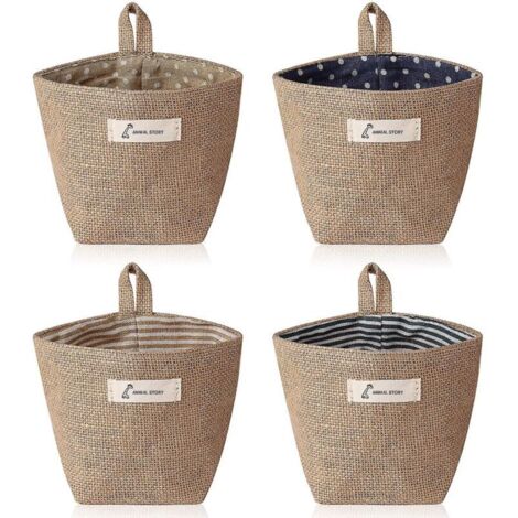 4 mini bolsas de almacenamiento colgantes, cesta decorativa pequeña de algodón y lino.