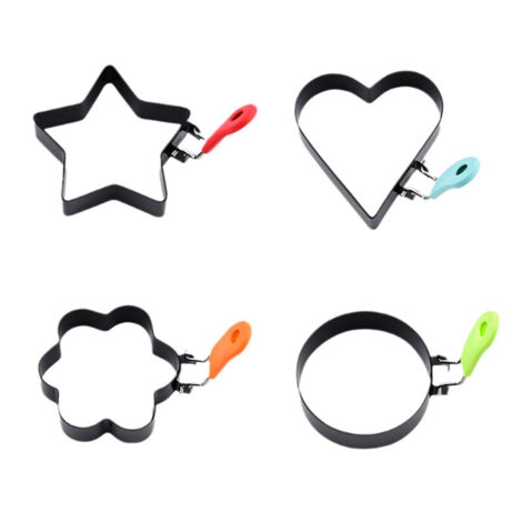 4 moules à œufs antiadhésifs -Avec poignées en silicone - rondes + cœur + fleur + étoile