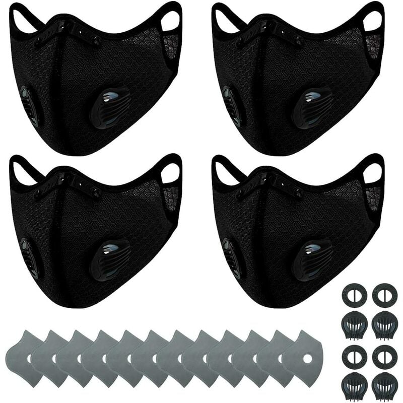 

4 máscaras deportivas contra el polvo + 12 filtros de carbón activado, actividades al aire libre reutilizables y transpirables, carpintería, cortar
