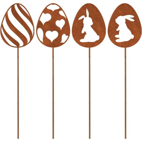 4 Oeufs de Pâques en métal rouillé, Décoration de Jardin, Patine Naturelle, Idéal pour Pâques et Aménagement Extérieur