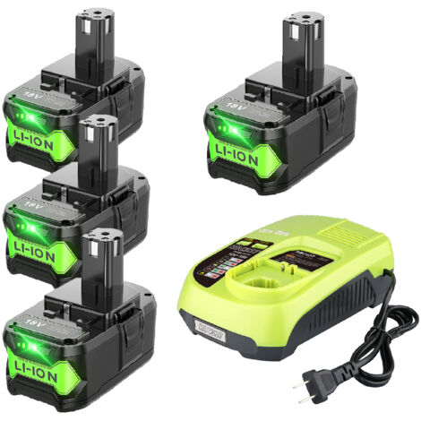4× P108 18 V 9 Ah Lithium-Ionen-Akku und P117B 3 A Schnellladegerät mit USB-Anschluss, kompatibel mit Ryobi 18 V P102-, P103- und P109-Akkus, kompatibel mit Ryobi 18 V Plus Akku-Elektrowerkzeugen.