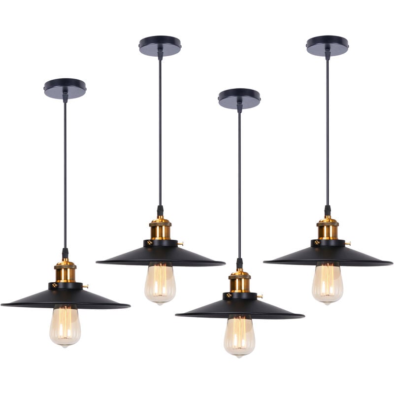 4PCS Rétro Lustre Suspension Industrielle 26cm Plaofnnier Fer Abat-jour en Métal Noir
