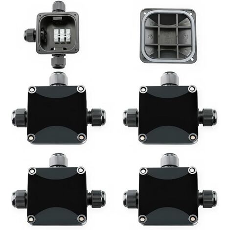 4 Pack Boîte de jonction électrique extérieure imperméable, IP66 Connecteur Étanche 3 Voies Connecteurs Boîtier Électrique Extérieur Ø 5.5mm-10.2mm. 3 Câble PG9, fait en plastique noir