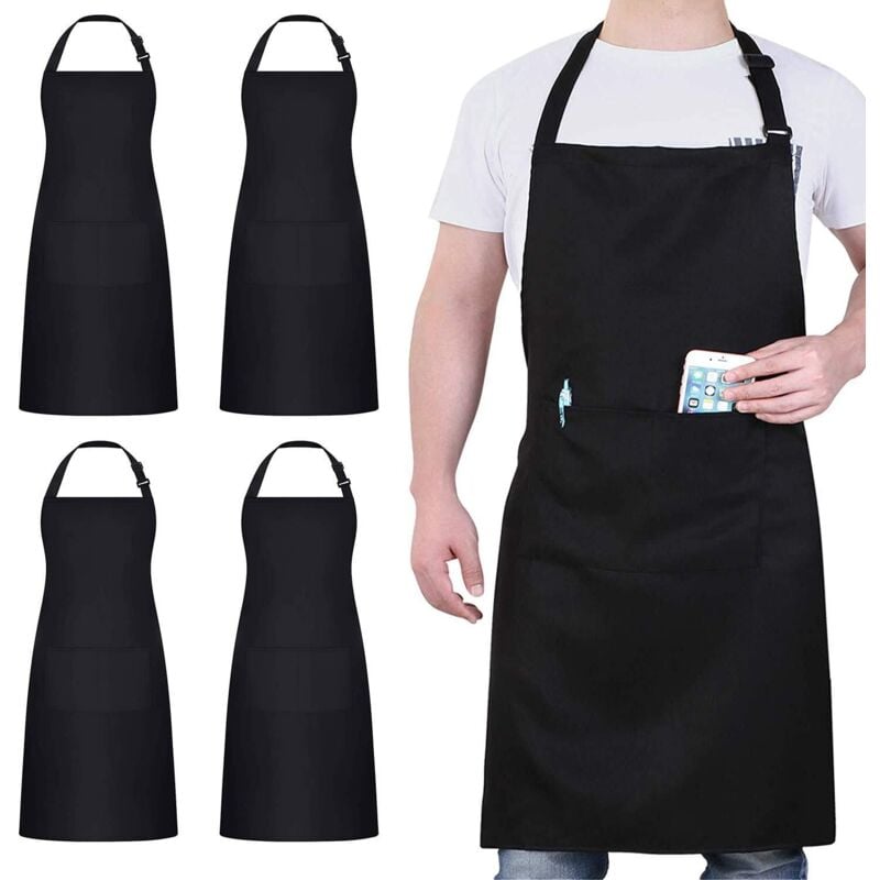 4 Pack Chef Tabliers, Noir Tablier avec 2 Poches, Etanche Réglable Tablier pour Homme Femme,Tablier Cuisine Professionnel pour Cuisine, Jardinage,