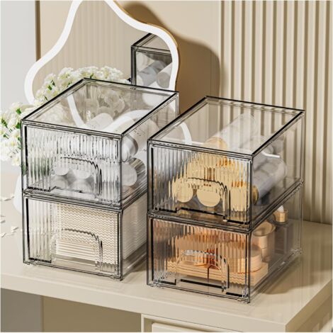 4 Pack Clear Stackable Storage Drawer, Acrylic Drawer, Cosmetic Organizer, Plastic Organizer for Dresser, Under, Kitchen Cabinet, Pantry, Home Organization and Storage