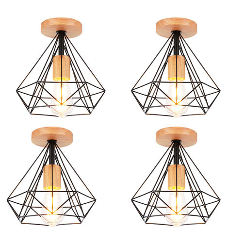 4 Pack Diamond Shape Ceiling Light Industrial E27 25cm Lampe Ceiling Light in Wood Metal for Corridor Stairs Entrance Bedroom Black