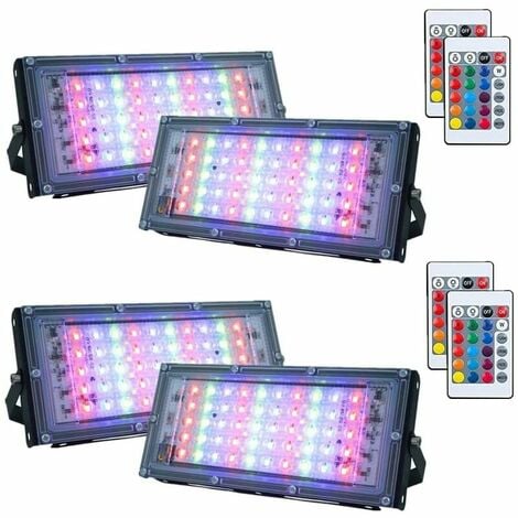 MUMU 4 Pack Dimmable Outdoor RGB LED Floodlight, IP66 Waterproof with Remote Control, 16 Colors, 4 Lighting Modes for Outdoor, Indoor and Outdoor (50W)