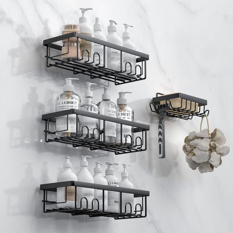 4 Pack Noir Rangement Salle de Bain, Etagere Salle de Bain, Etagere Douche Adhésifs, Rangement et Organisation avec Crochets, Douche sans Percage