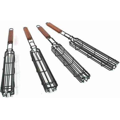 4 Pack Non-Stick BBQ Skewers Baskets with Heat Resistant Wooden Handle for Vegetables, Shrimp, Seafood，BBQ Basket Barbecue Grilling Sausages BBQ Pan