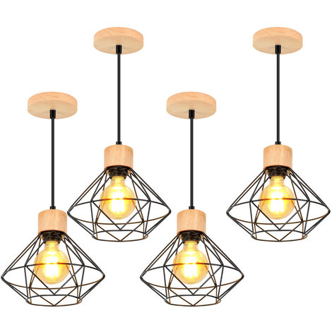4 Pack Pendant Light Retro Vintage Chandelier Industrial Metal and Wood Cage Ceiling Light in Diamond Shape for Bedroom Living Room Black