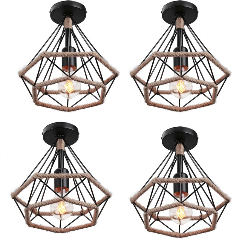 4 Pack Plafonnier Cage Diamant E27 Lustre Suspension en Corde de Chanvre Noir