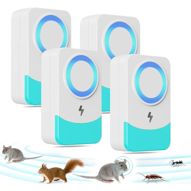 4 Pack Répulsif Ultrason Anti Rongeur Insectes, 60/s Fréquence de Changement Puissant Ultrason Souris et Rats pour Occasions Polyvalentes Anti Rats,