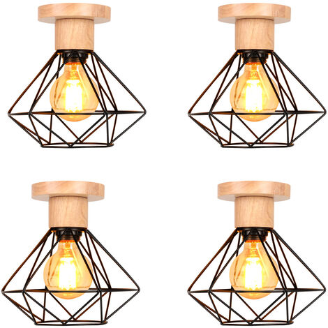 4 Pack Retro Lámpara de Techo Vintage Jaula de Metal y Madera E27 Lámpara Colgante Diseño Diamante para Pasillo Escaleras Dormitorio Negro