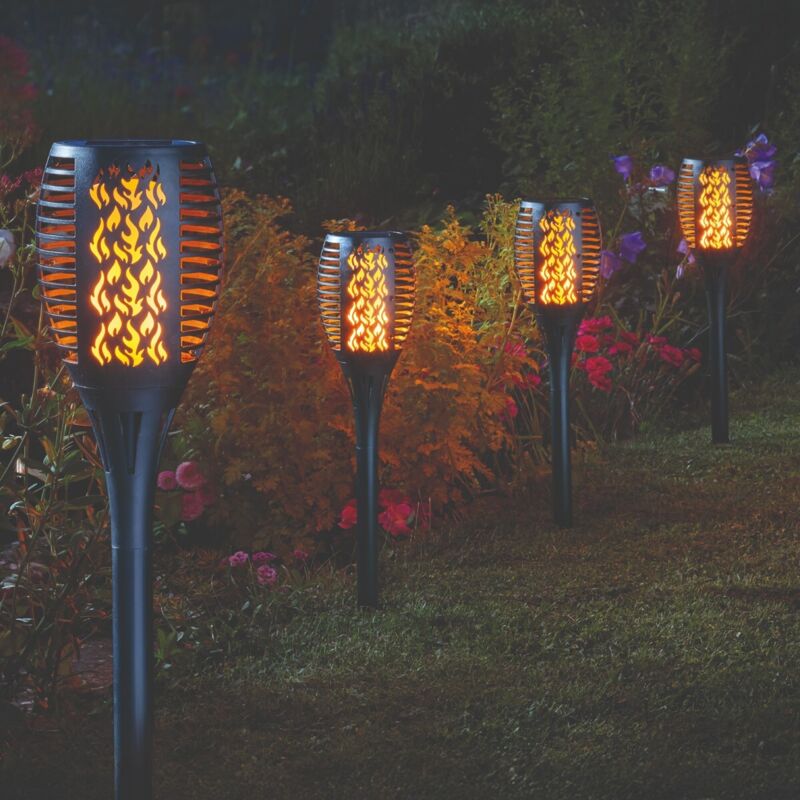 4 x Smart Garden Solar Cool Flame Torch Light Stake Bollard Post Lantern LED