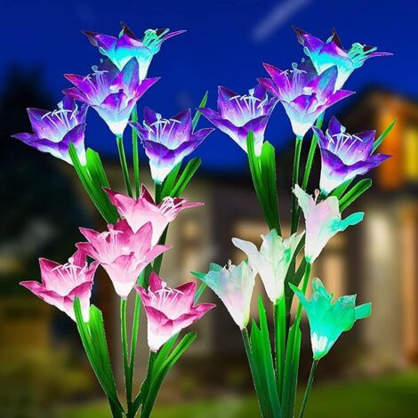 4 Pack Solar Lights Outdoor Garden, Color Changing with 16 Larger Solar Lily Flowers, IP65 Waterproof Solar Lamp for Garden, Patio, Pathway Decoration