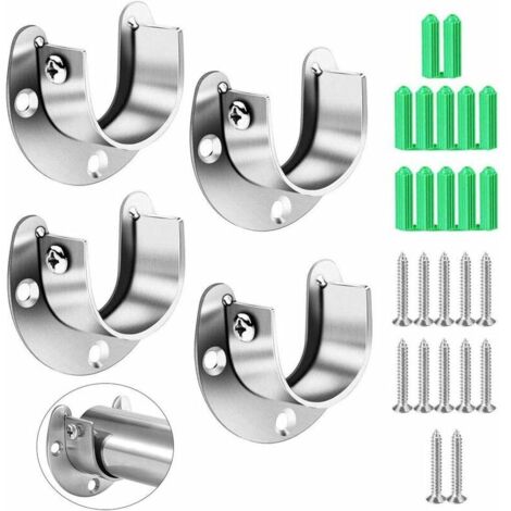4 Pack Stainless Steel Closet Pole Sockets Rod Socket Flange Set Rob Support Flange Holder U Shaped, Rod Holder Set For Closet Poles Flange Set Rod Holder With Screws Easy Installation 32Mm