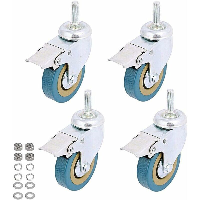 4 Pack, Verrouillage 3' Mont Tige Filetée Roulette Pivotante Rotation Non Marquant Roue À Roulettes En Polyuréthane Et Frein Pour Chariots, Meubles,
