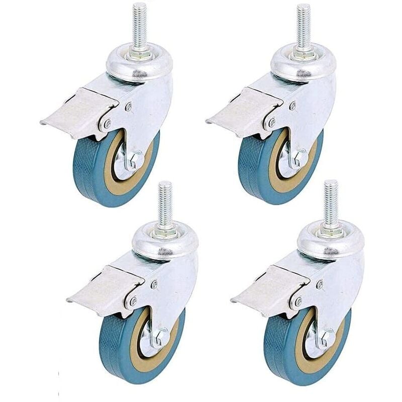 Jusch - 4 pack, Verrouillage 3' Mont tige filetée Roulette pivotante Rotation Non marquant Roue à roulettes en polyuréthane et frein pour chariots,