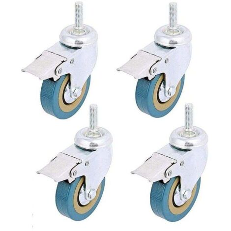 4 pack, Verrouillage 3" Mont tige filetée Roulette pivotante Rotation Non marquant Roue à roulettes en polyuréthane et frein pour chariots, meubles, établi (Tige filetée: 12 X 30mm)