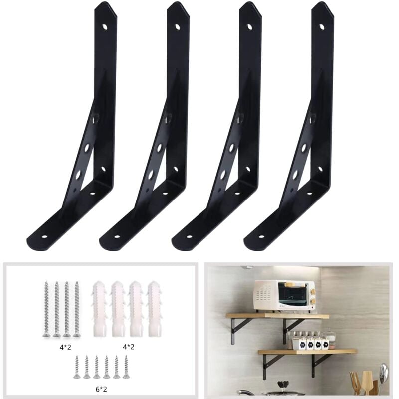 4 Packs equerre etagere murale,300mm equerre metal charge lourde,Noir support etagere murale de Triangulaires,equerre fixation murale de 90