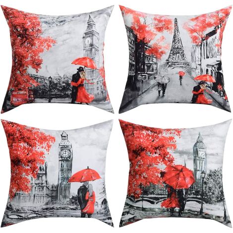 main image of "4 Packs Throw Pillow Covers Black Red Color Eiffel Tower Big Ben Modern Couple Under Square Throw Pillow Cover Decorative Pillow Case Home Decor 18 x 18 Inch"