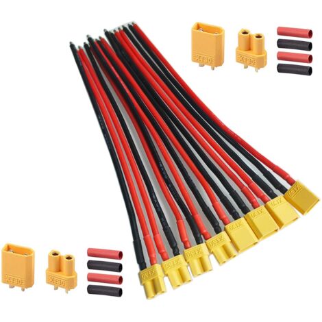 4 Paires XT30 Connecteur Femelle Mâle avec Fil de Silicium de 15cm 16AWG, 2 Paires XT30 Bullet Connectors Plugs avec Thermorétractable pour RC Lipo Batterie Jouet