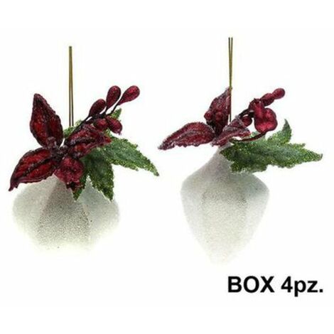 4 palle diamantate floreali per albero natale 15 cm - colore rosso/bianco - addobbo natalizio decorazione