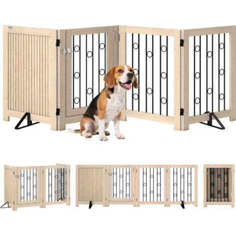 4 Panel Freestanding Pet Gate, Indoor Dog Barrier with Lockable Door, Support Feet, 360° Flexible Hinges, Oak