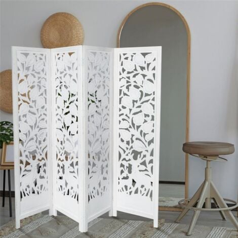 4 Panel Hand Carved Indian Stag Deer Screen Wooden Screen Room Divider 176x46 cm per panel, wide open 184cm [White]