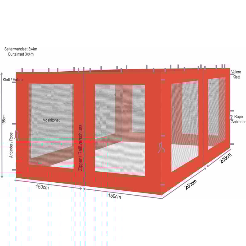 4 Panneaux Latéraux avec Moustiquaire 300/400x195cm Orange-Rouge pour Gazebo 3x4m