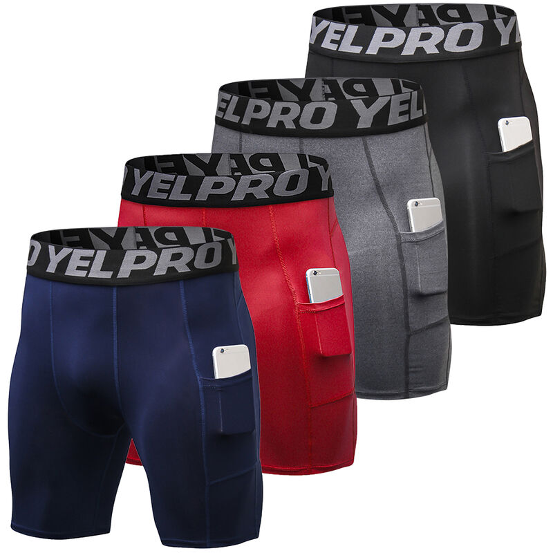 

4 paquetes de pantalones cortos elasticos para hombres Ropa interior de entrenamiento activo con bolsillo,Azul oscuro y gris y negro y rojo, S