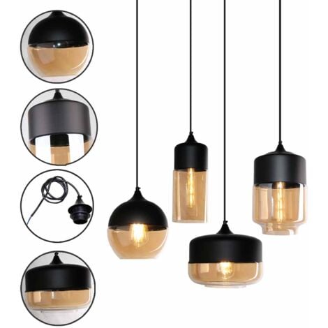 4 Pcak Lampe Suspension Industrielle Rétro Suspension Luminaire Hauteur Réglable Lustre Plafonnier Abat-jour en Verre Noir et Ambre