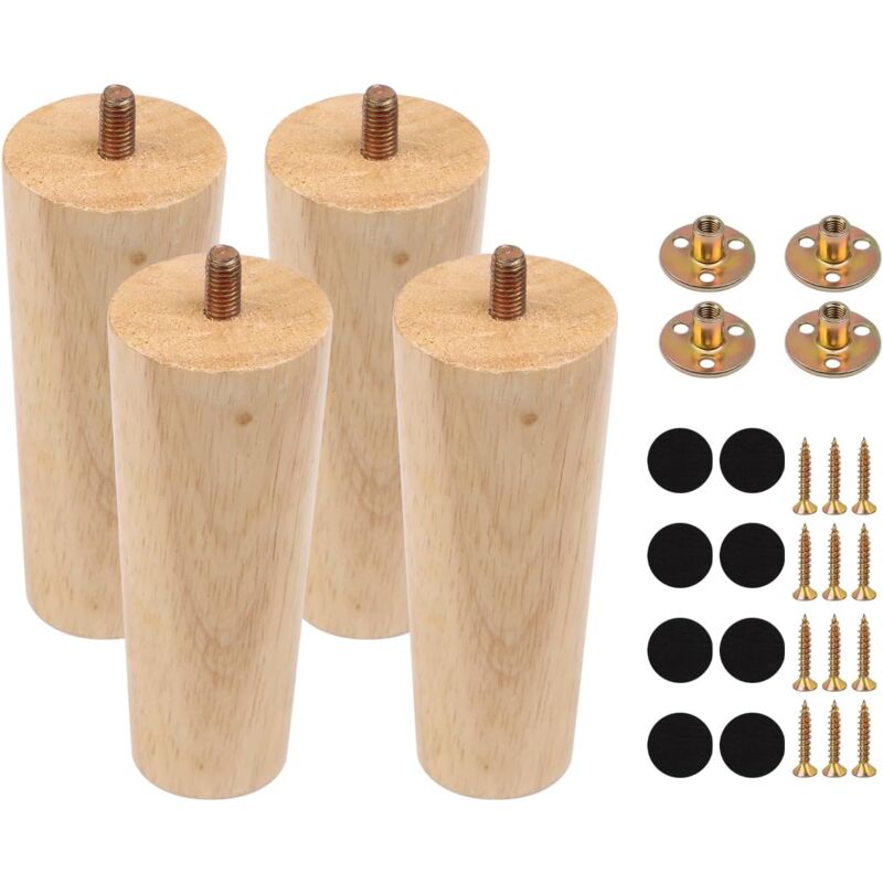 4 Pcs 12cm Wooden Furniture Feet with Mounting Plate, Screws and Non-Slip Mat for Sofa, Cabinet, Table, Chair, Office