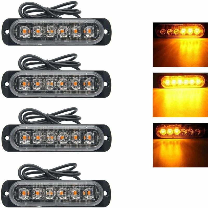 4 Pcs 6 led orange feu de freinage stroboscopique, 12V 24V Barre lumineuse led pour offroad véhicule voitureutilitaire, bateau, remorque, caravane,